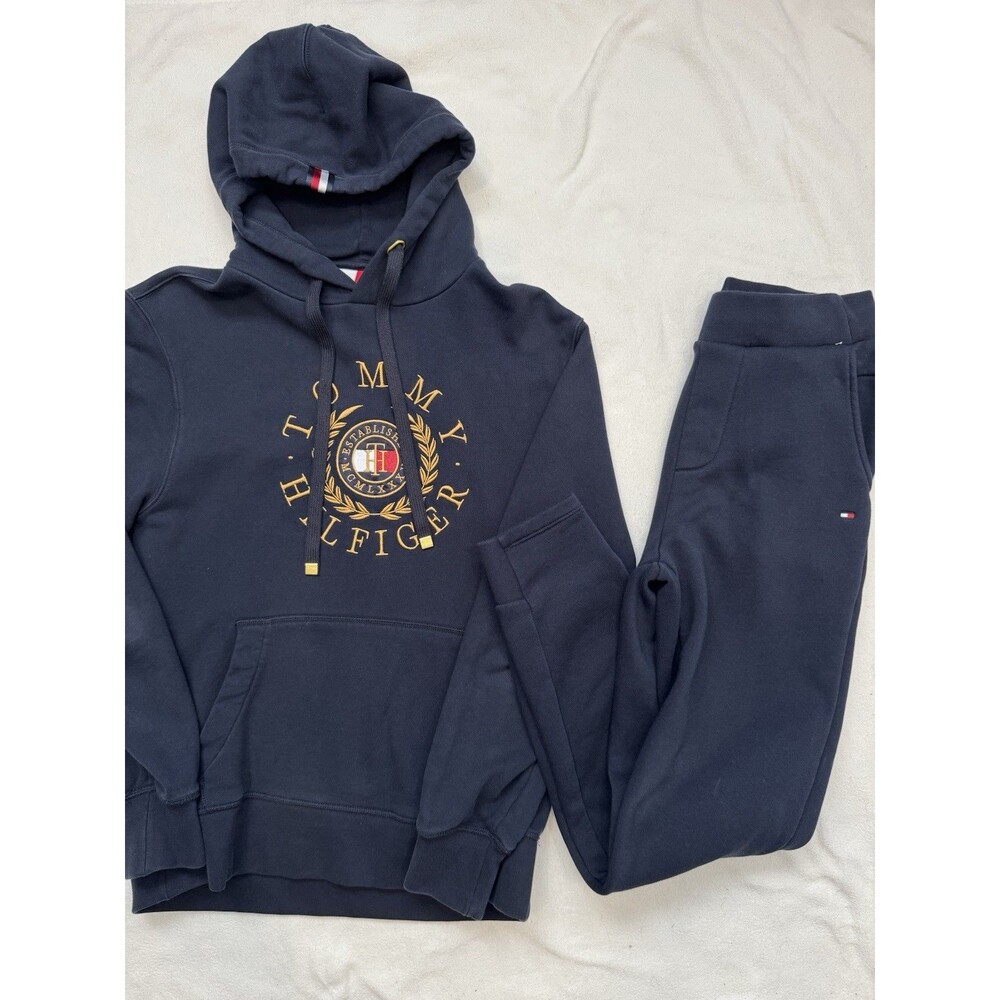 Tommy Hilfiger Mens Sweatsuit Set Crest Logo Hoodie Pants Navy Blue Sz XS